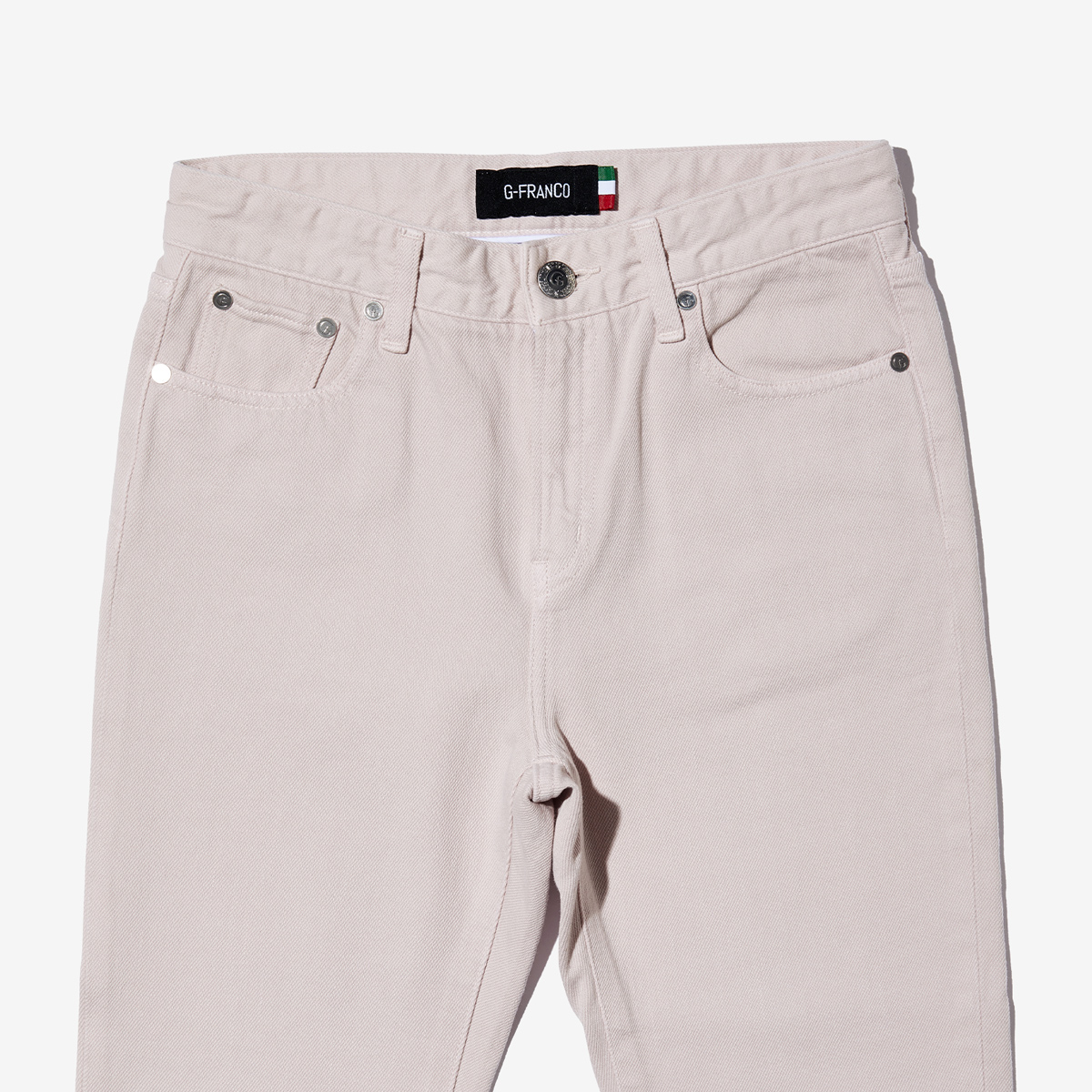 G-FRANCOのレディースジーンズ、COLOR DENIM（カラーデニム）Pink（ピンク）の正面からのアップ