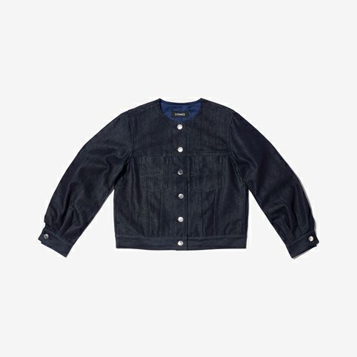 G-FRANCOのレディースデニムジャケット、COLLARLESS SILK JACKET（カラーレスシルクジャケット）Indigo（インディゴ）の正面からの全体図