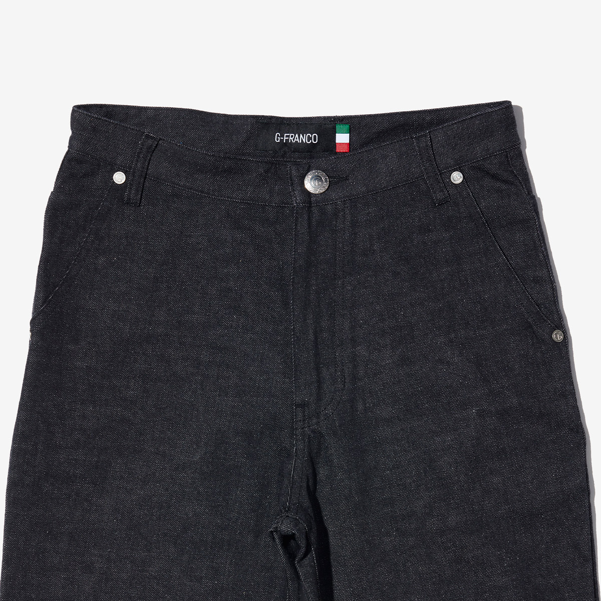 G-FRANCOのレディースジーンズ、HIGH WEST FLARE（ハイウェストフレア）Gray（グレイ）の正面からのアップ