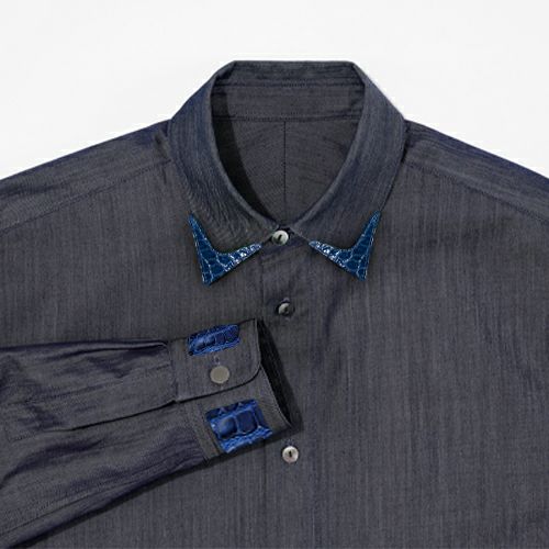 G-FRANCOのメンズデニムシャツ蚕糸（サンシ）ロイヤルブルーの正面からの拡大画像