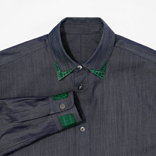 G-FRANCOのメンズデニムシャツ蚕糸（サンシ）キプロスの正面からの拡大画像